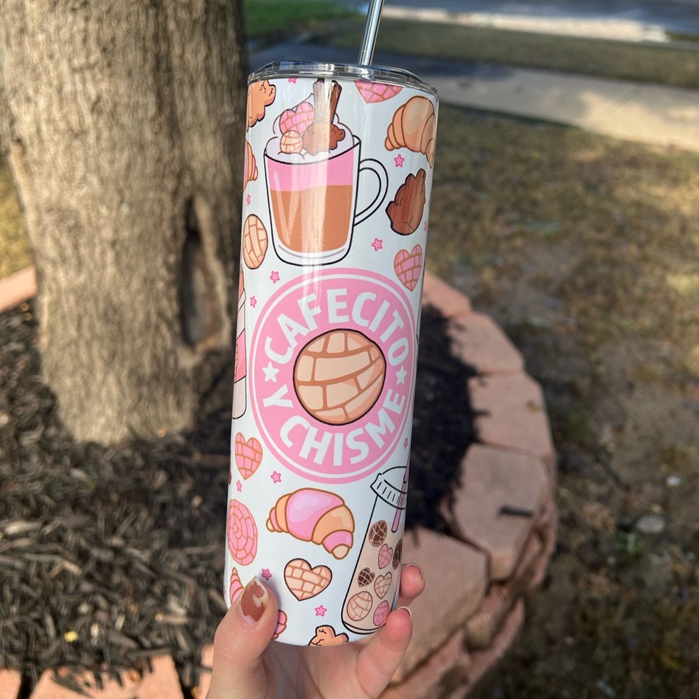 Cafecito y chisme 20oz stainless steel tumbler with metal straw